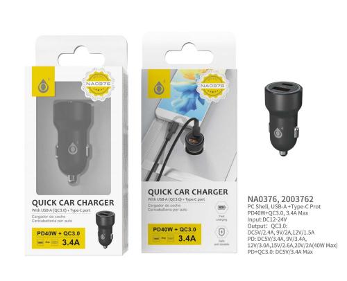 image Chargeur voiture-Type C + USB, 3.4A/ 40W –Noir-NA0376