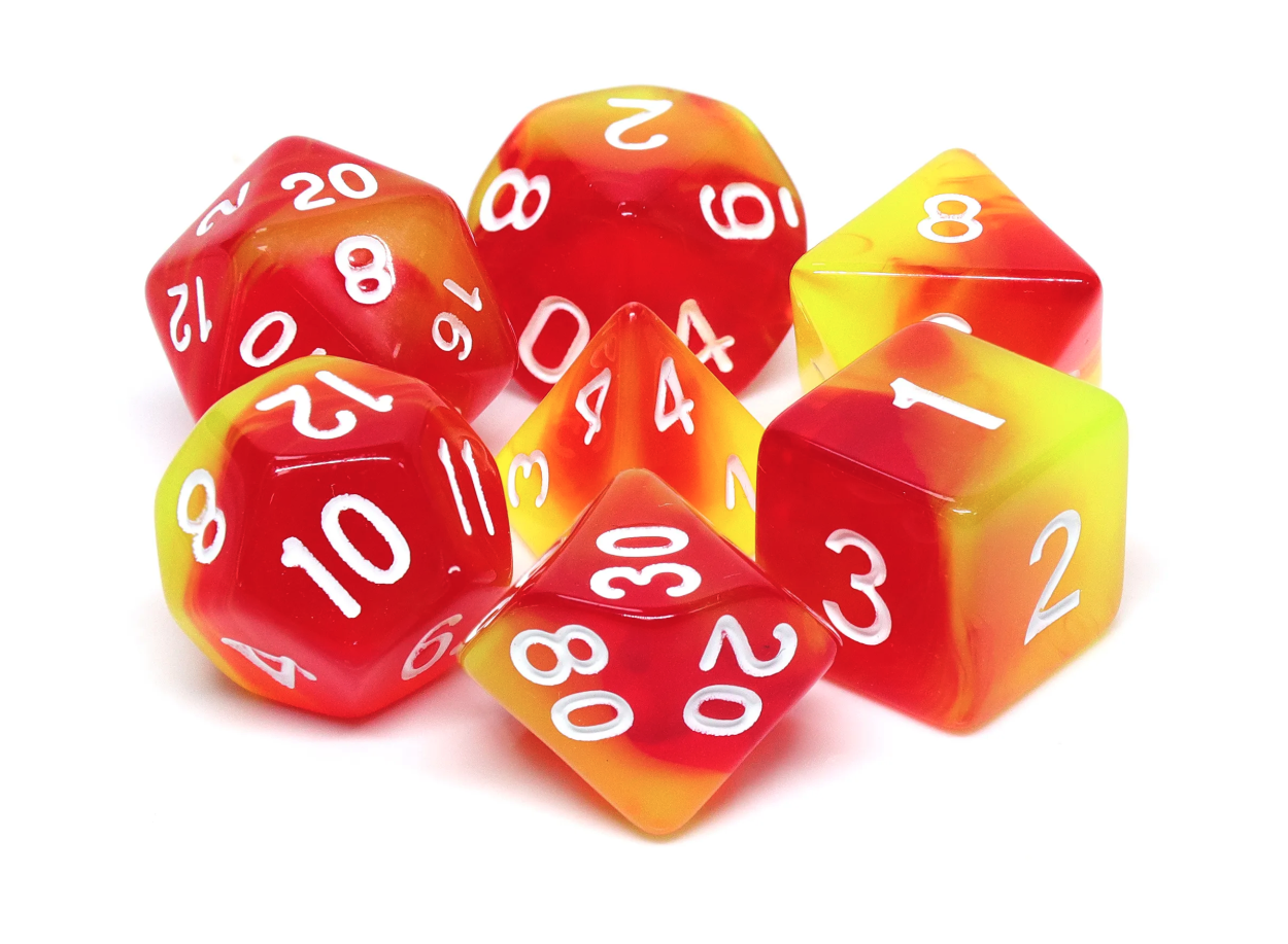 image principale pour  Lot de 7 dés en boîte– Fusion Rouge et Jaune