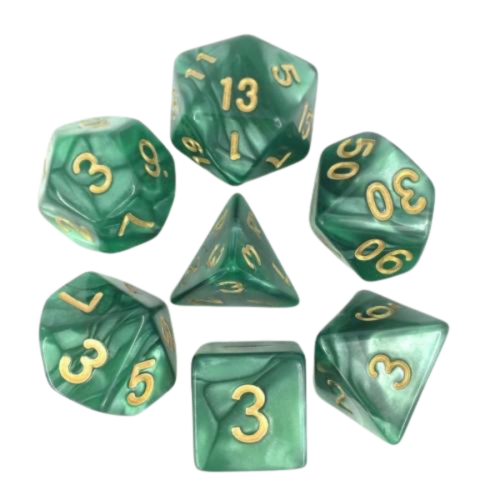 image principale pour HDP-14 lot de 7 Dés en boîte – 16mm- Vert nacré et or