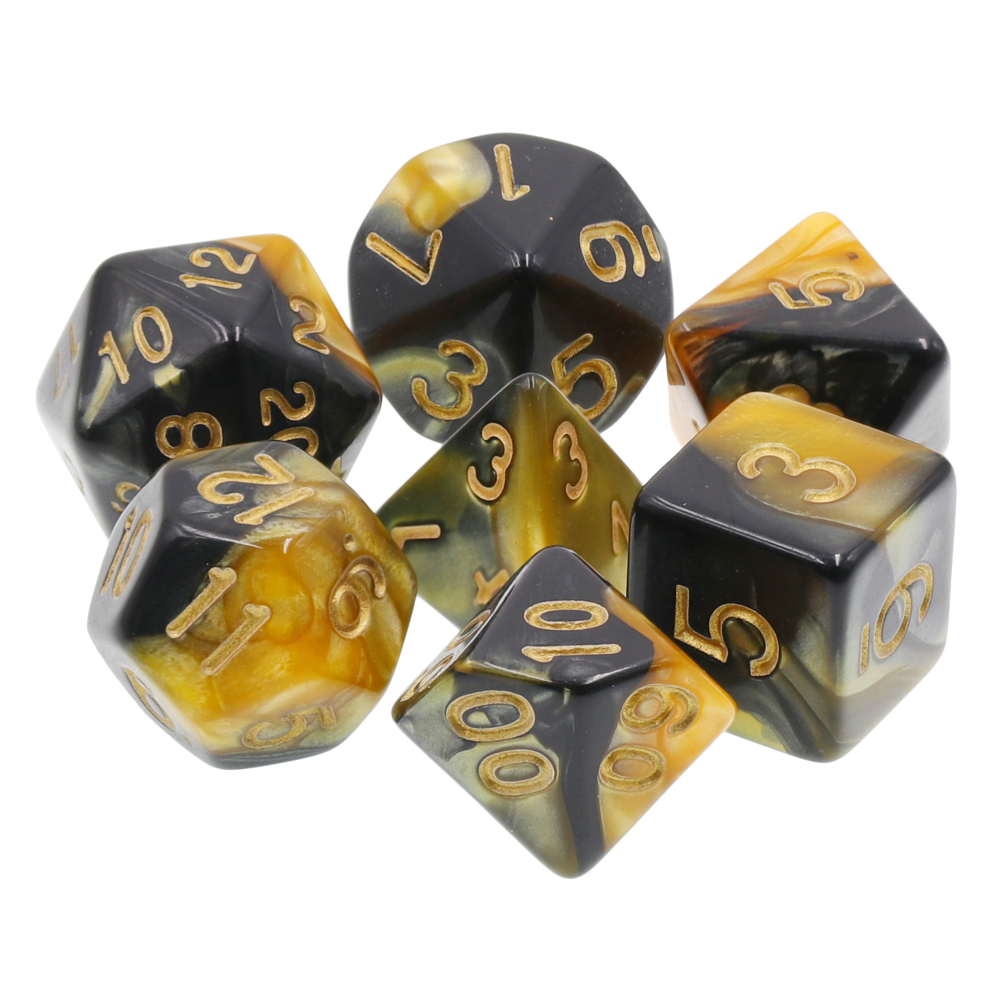 image principale pour Lot de 7 Dés multiformat avec boîte– Noir et Jaune mélange de couleurs