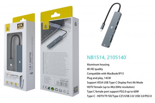 Adaptateur 7 en 1 Type C vers HDMI/TF/SD/TypeC/ USB - Gris NB1514