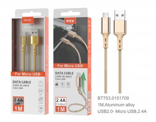 Câble en aluminium micro USB - 1m 2A - BT753 Or