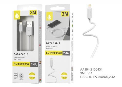 image principale pour Câble pour Iphone 7/8/X/XS - 2,4A - 3M - AA104 - Blanc
