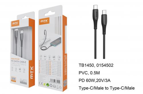 Câble Type-C vers Type-C 0,5m 60W 20V/3A - TB1450 - Noir
