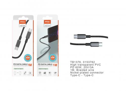 Câble Type-C vers Type-C tressé- 1m 60W 20V/3A - TB1376 - Noir