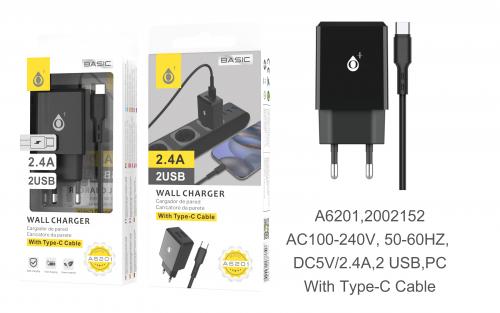 Chargeur avec câble Type C, 2 USB , 2.4A - A6201 - Noir