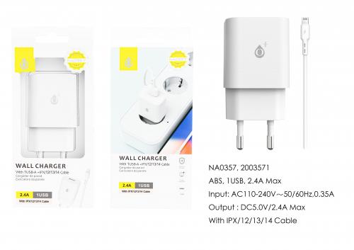 Chargeur Avec Câble IP 5 à 14-1USB-2,4A-Blanc-NA0357