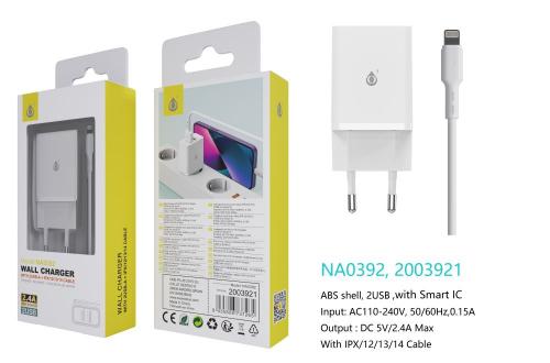 Chargeur Avec Câble IP 5 à 14-2USB-2.4A -Blanc-NA0392