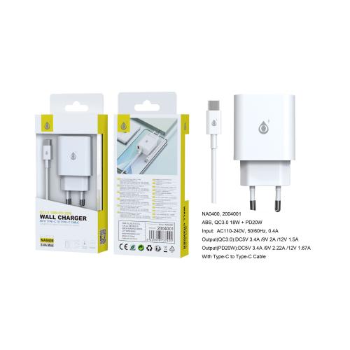 Chargeur avec câble Type C- Type C- Port Type C (20W)- Port USB (18W)- 3.4A max- NA4