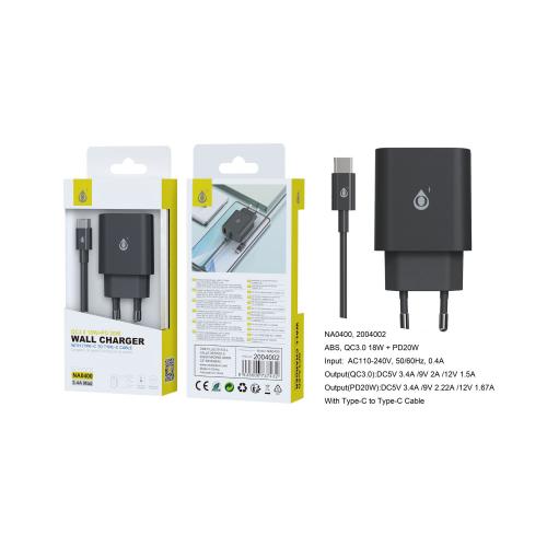 Chargeur avec câble Type C- Type C- Port Type C (20W)- Port USB (18W)- 3.4A max- NA4