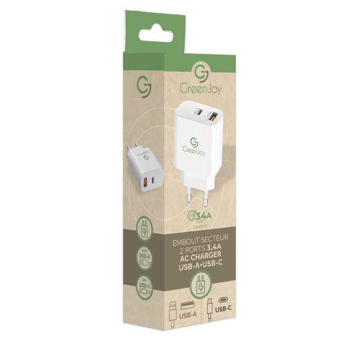 Chargeur Embout secteur 18W / 3,4A - 2 ports (1 USB et 1 type C) - Blanc