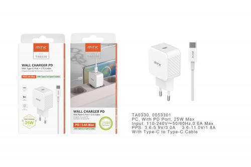 Chargeur port Type C avec câble Type C- 25W/ 3.4A- Blanc- TA0330