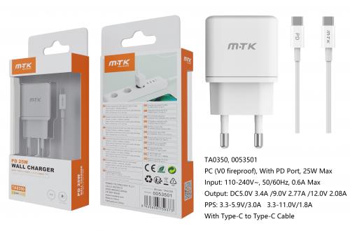 Chargeur port Type C avec câble Type C- 25W/ 3.4A- Blanc- TA0350