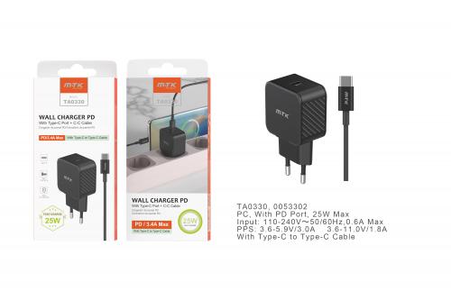 Chargeur port Type C avec câble Type C- 25W/ 3.4A- Noir- TA0330