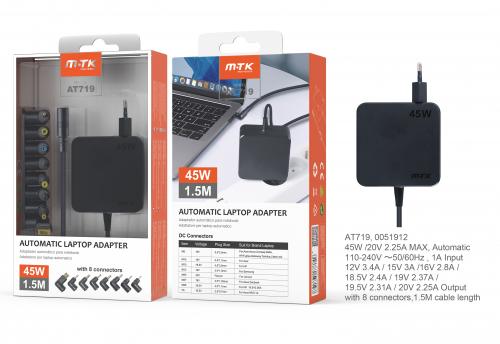 Chargeur Universel automatique AT719 - 8 Embouts pour PC Portable - 45W - 1,5M - Noir