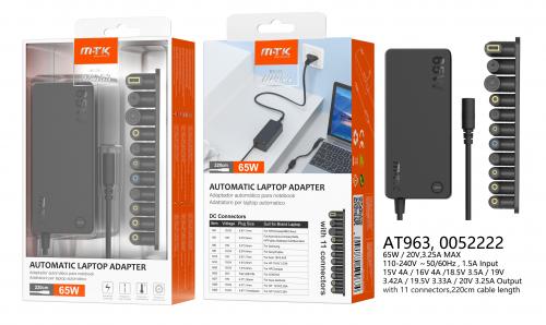 Chargeur Universel Automatique pour PC Portable- 11 embouts- 65W- Câble 220cm- AT963