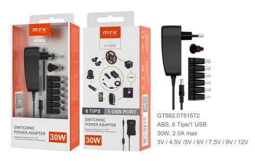 Chargeur universel BM 24W avec 1 USB 6W- 3V- 12V- 2A- 6 embouts- GT882