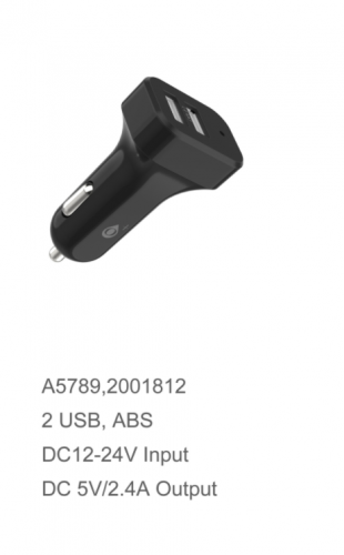 Chargeur Voiture 2 ports USB 2,4A - A5789 - Noir - SANS EMBALLAGE