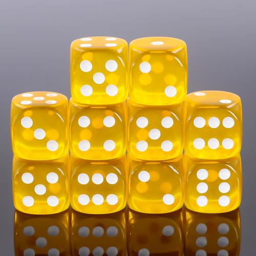 Dé 6 faces- Lot de 10 dés- 18mm- Jaune translucide
