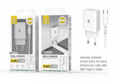 Embout Secteur Avec Câble Type C-1m-2,4A-1 USB-Blanc-NA0348 S. Basic