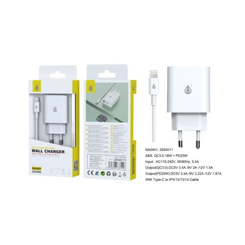Embout Secteur avec câble Type C vers Lightning (X à 14)- 1 port USB (18W)- 1 port 
