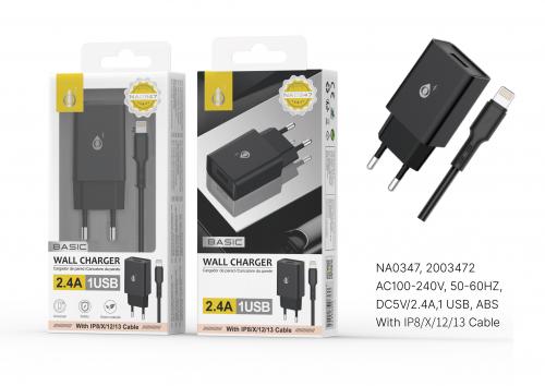 Embout Secteur USB + Câble pour iPhone 5 à 13 - 2.4A -Noir -S. Basic-NA0347