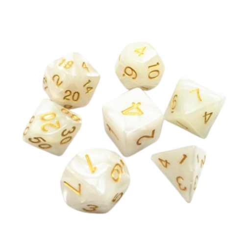 HDP-02 lot de 7 Dés – 16mm- Blanc nacré et or