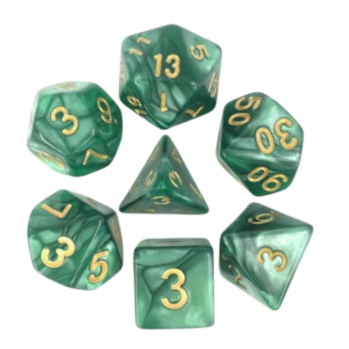 HDP-14 lot de 7 Dés en boîte – 16mm- Vert nacré et or