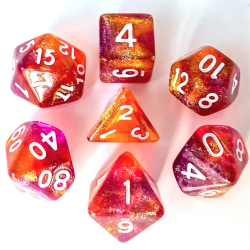 Lot de 7 Dés Resine en boîte - Violet et Orange Paillettes