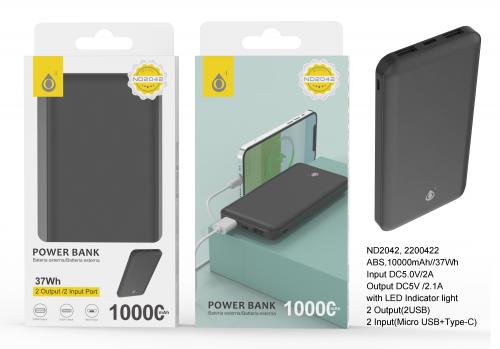 Power Bank 10000mAh -Sortie 2 USB- Entrée MicroUSB et Type C-Noir-ND2042